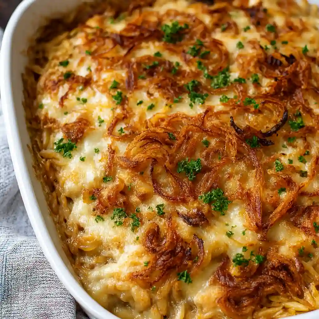 French Onion Chicken Orzo Casserole bubbling cheese on white marble