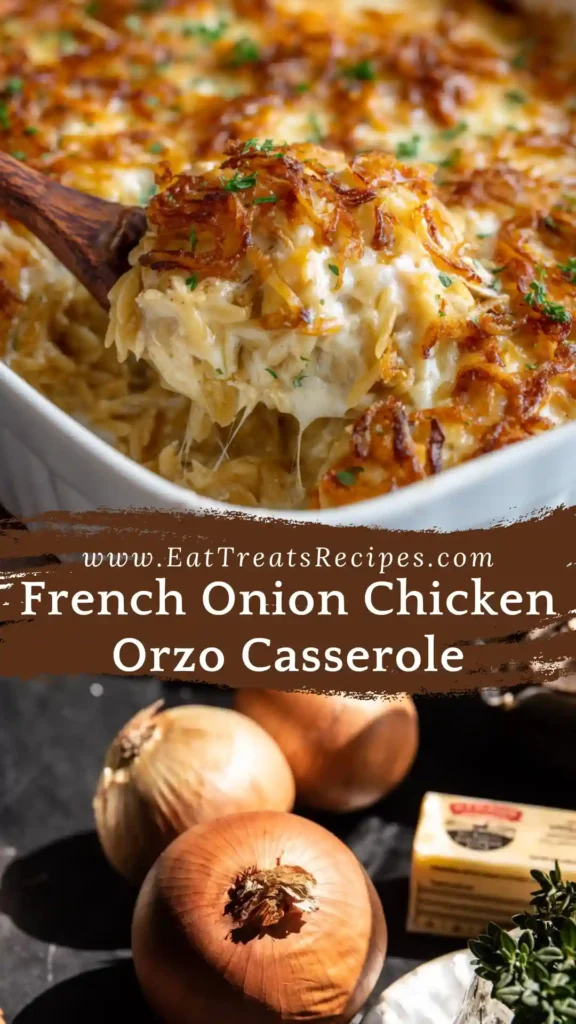 French Onion Chicken Orzo Casserole bubbling cheese on white marble