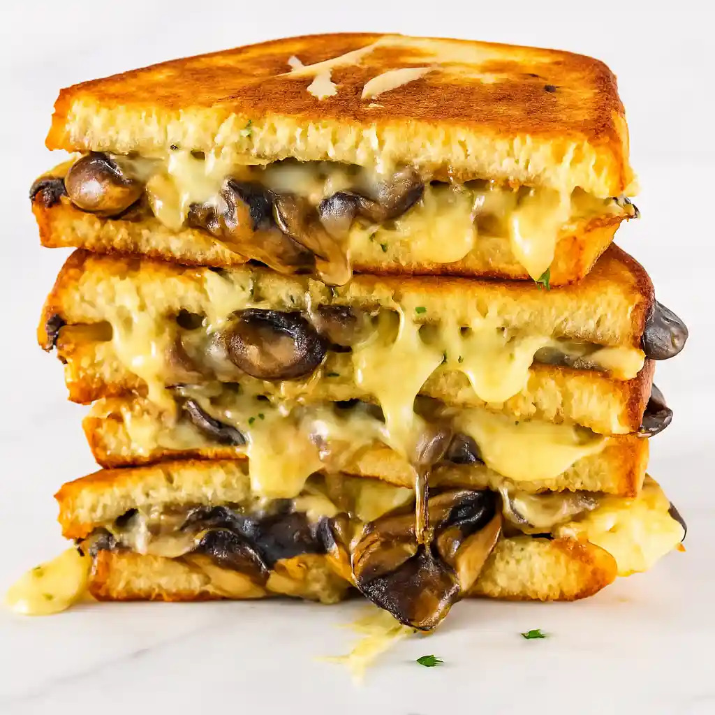 Garlic mushroom grilled cheese on white marble