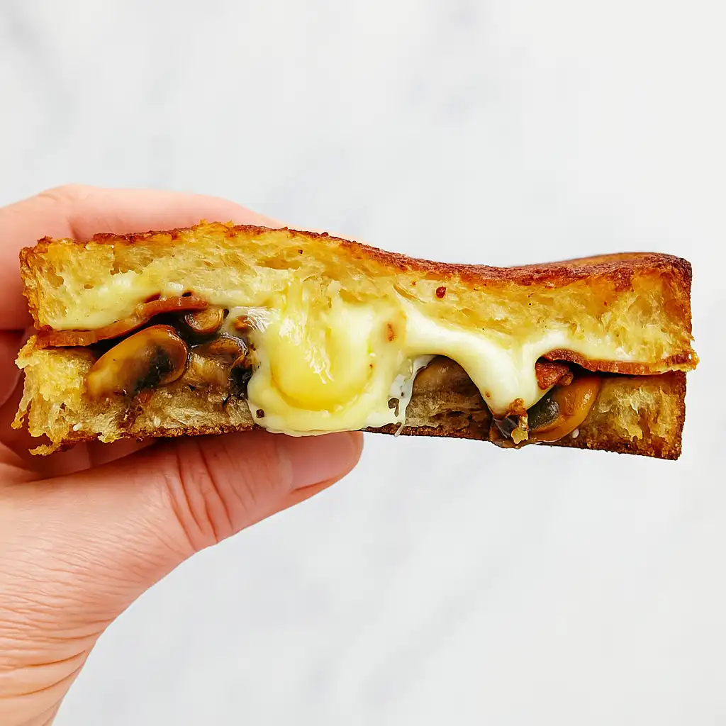 Garlic mushroom grilled cheese on white marble