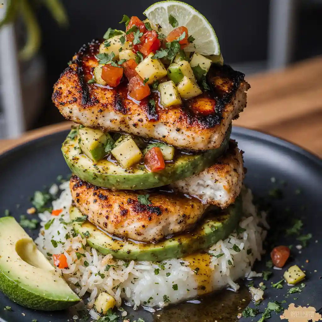 Final plated honey lime chicken avocado rice stack