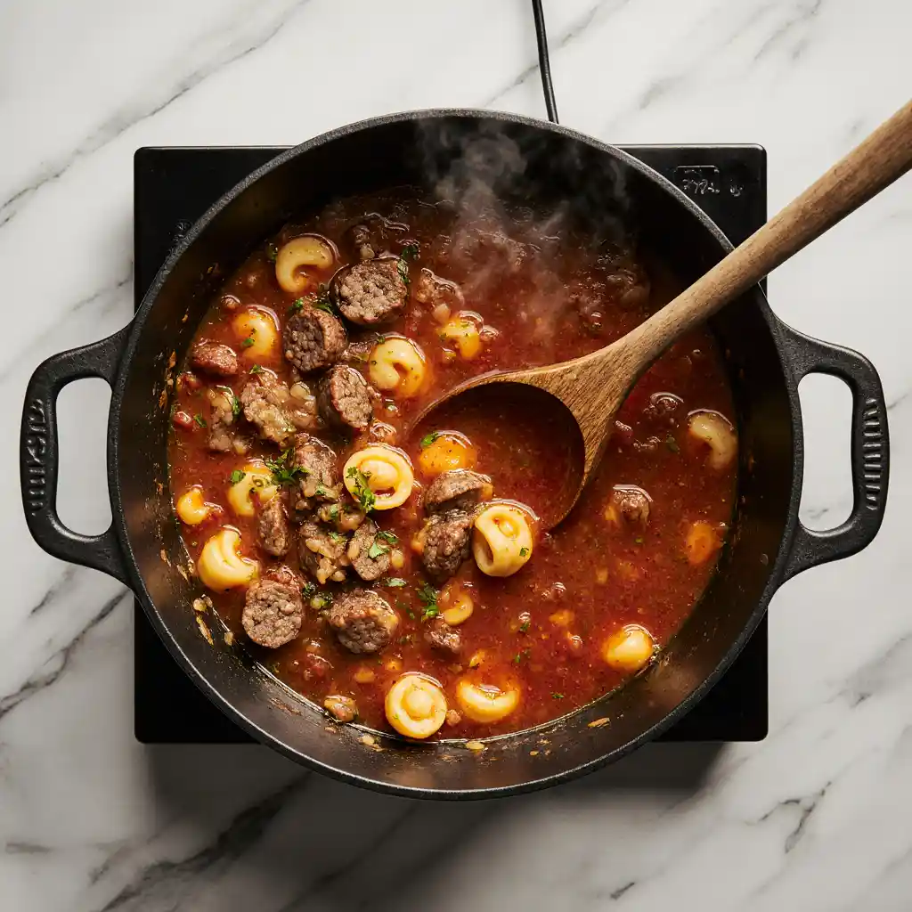 Close-up of tortellini and sausage in creamy broth