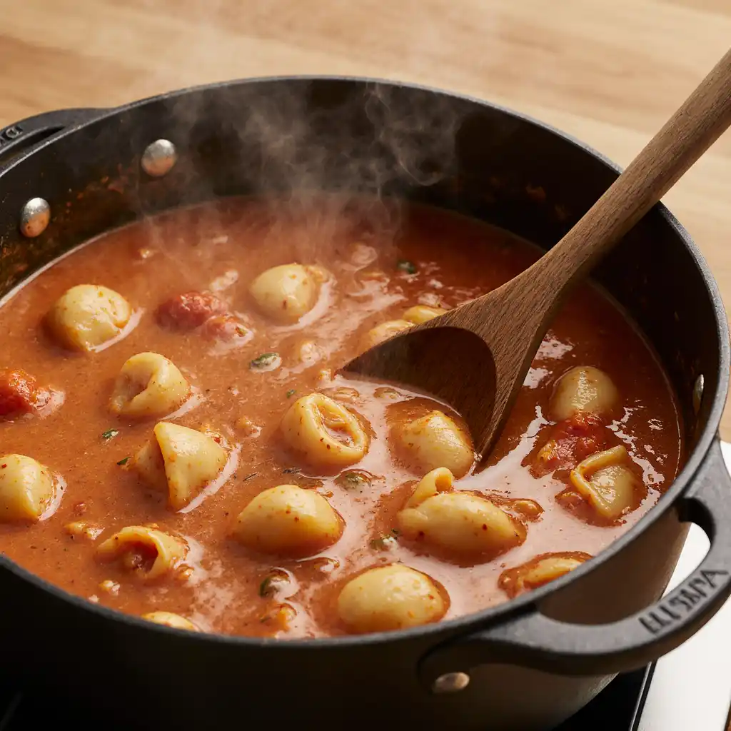 Slow cooker tomato tortellini soup simmering in pot with steam rising