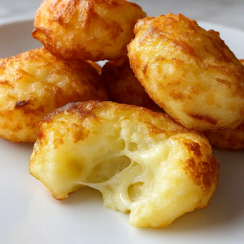 Crispy mashed potato cheese puffs served on a white marble platter