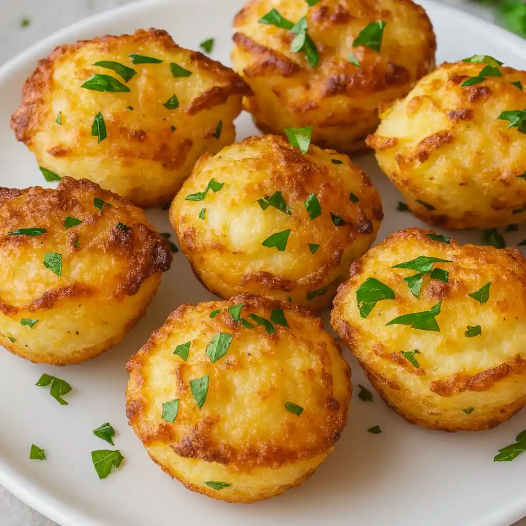 Crispy mashed potato cheese puffs served on a white marble platter