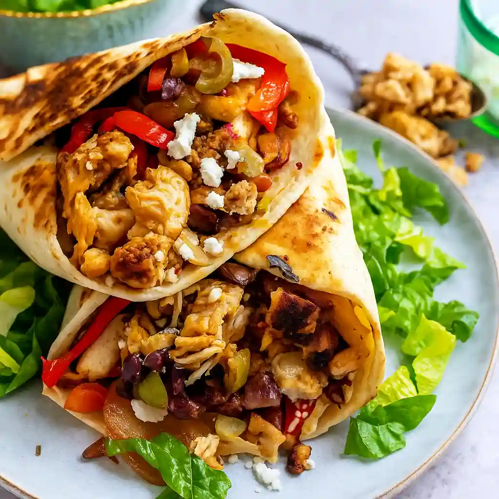 Mediterranean chicken wraps sliced open on white marble