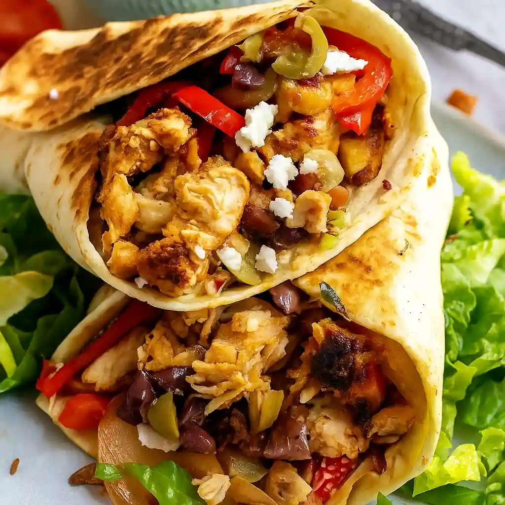 Mediterranean chicken wraps sliced open on white marble