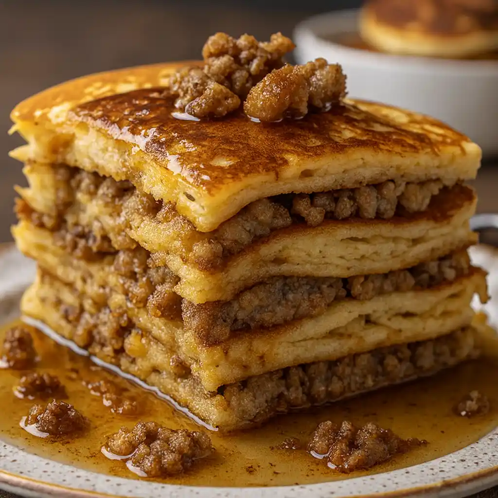 Macro slice of pancake sausage casserole showing fluffy texture and sausage pieces