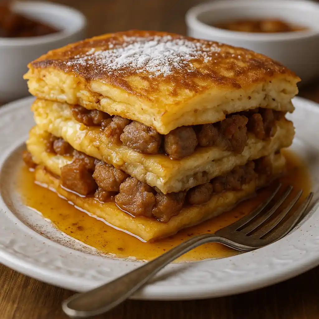 Macro slice of pancake sausage casserole showing fluffy texture and sausage pieces
