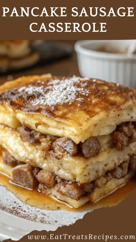 Macro slice of pancake sausage casserole showing fluffy texture and sausage pieces