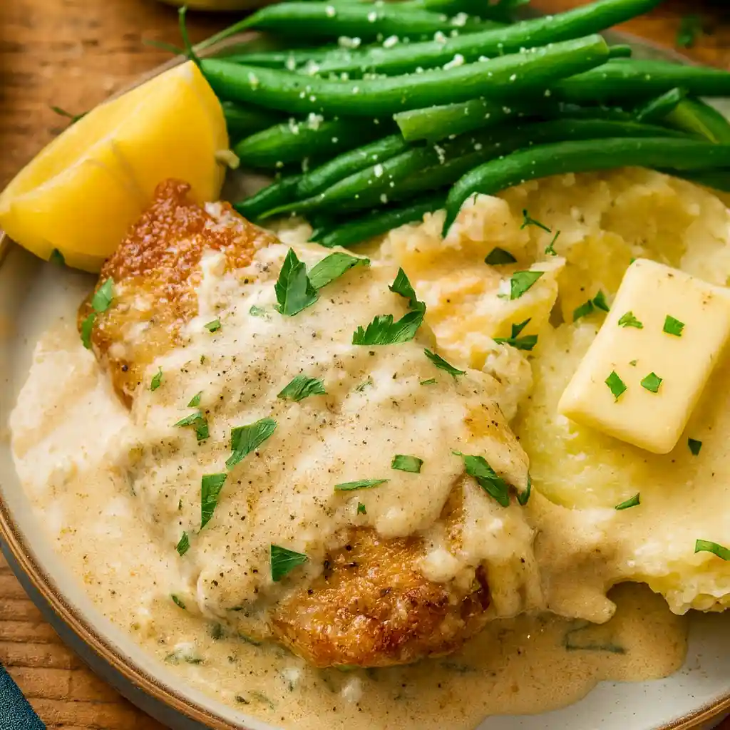 Parmesan crusted chicken with creamy garlic sauce
