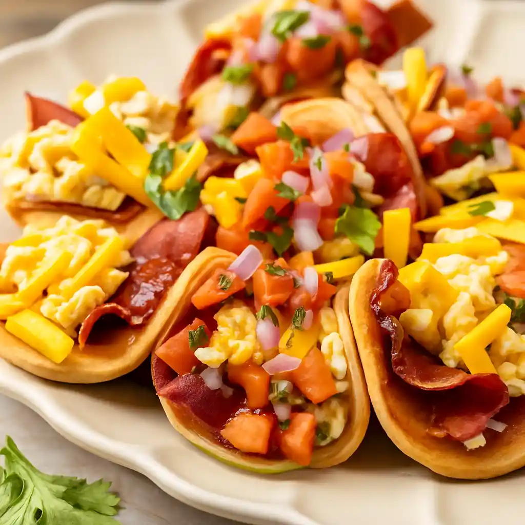 Protein pancake tacos filled with sweet and savory toppings on white marble