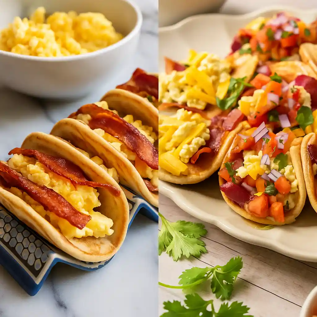 Protein pancake tacos filled with sweet and savory toppings on white marble