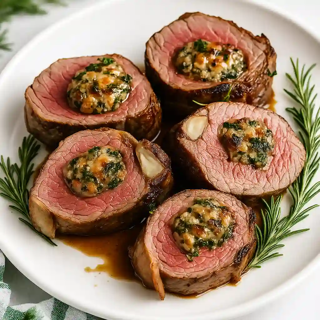 Final plated stuffed beef tenderloin with herb butter filling