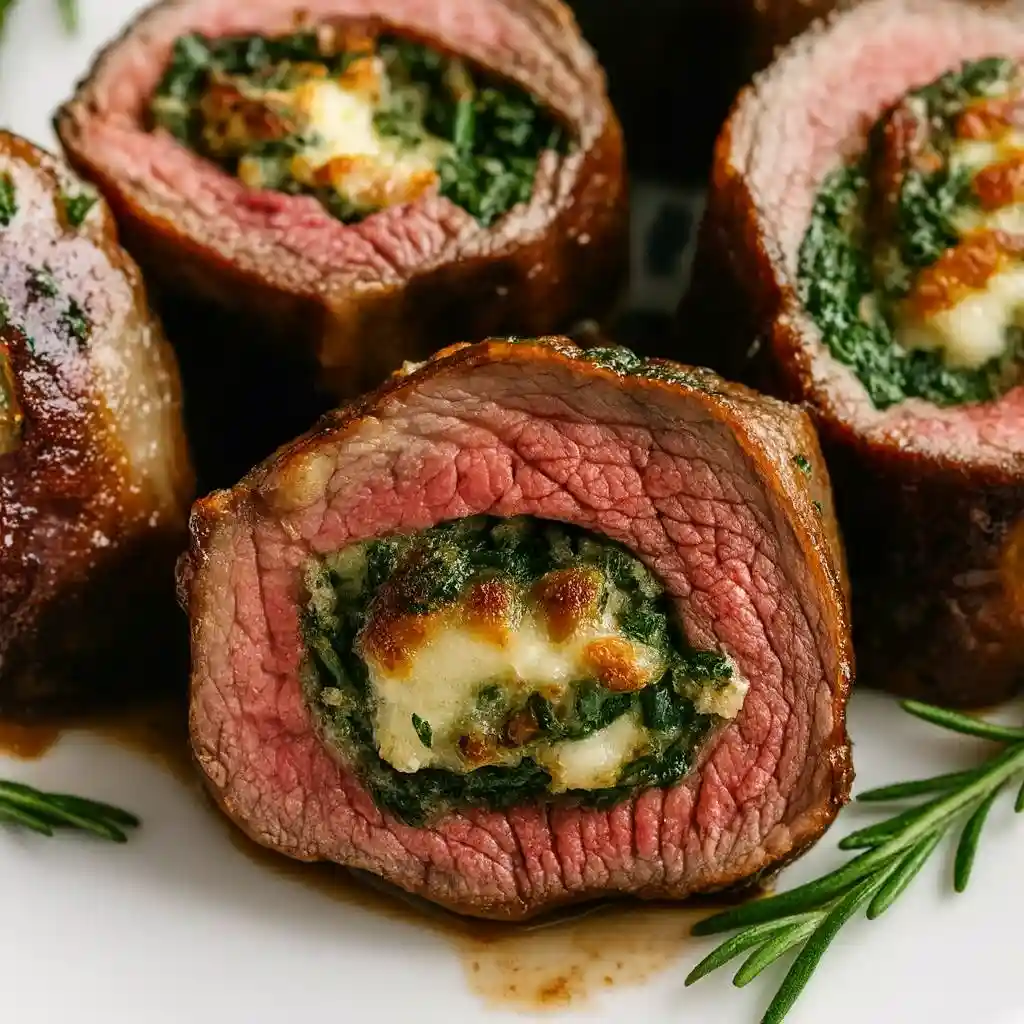 Quick Christmas stuffed beef tenderloin sliced with festive herb butter filling
