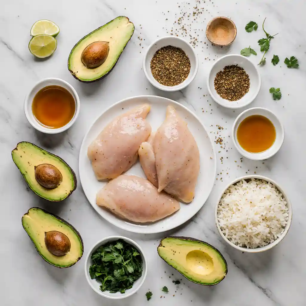 Ingredients for honey lime chicken and avocado rice stack