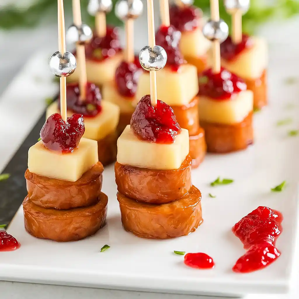 Sheet Pan Smoked Sausage Cranberry Bites on white marble
