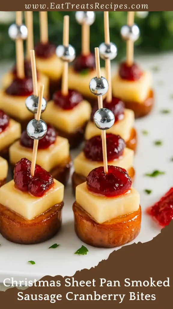 Sheet Pan Smoked Sausage Cranberry Bites on white marble