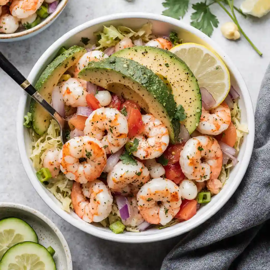 Final plated shrimp avocado salad