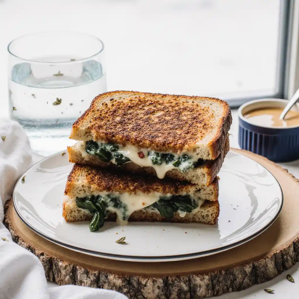 Spinach and feta grilled cheese sandwich sliced on white marble