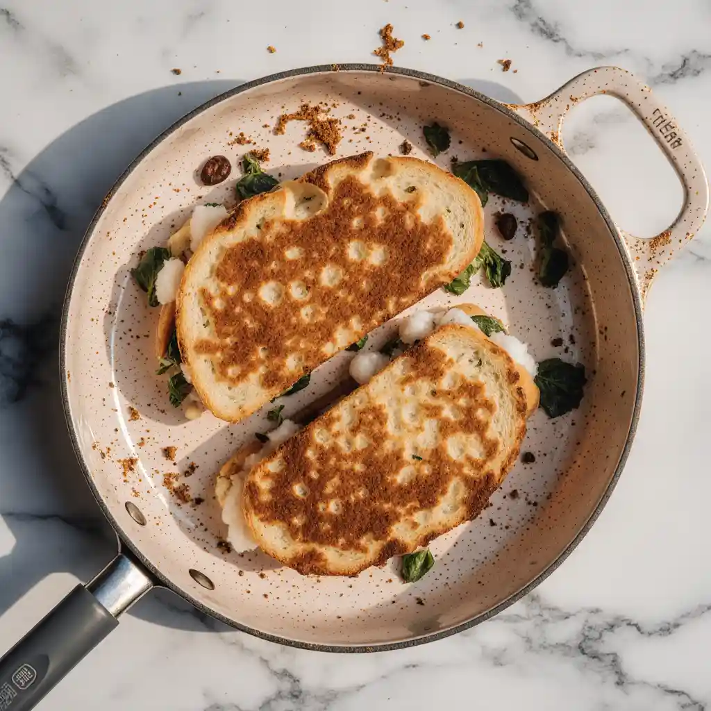 Uncooked spinach and feta grilled cheese before toasting
