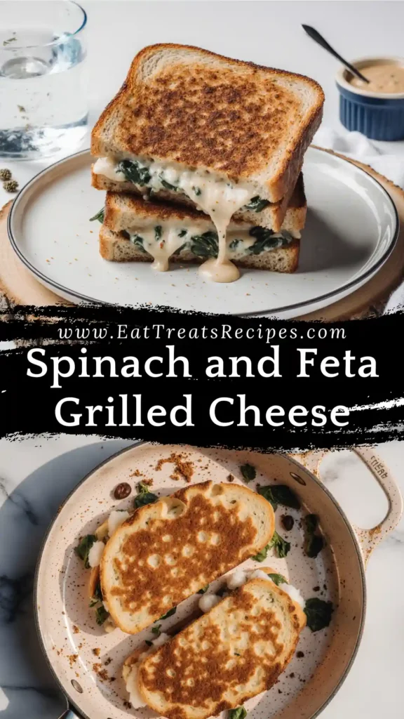 Spinach and feta grilled cheese sandwich sliced on white marble
