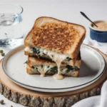 Spinach and feta grilled cheese sandwich sliced on white marble