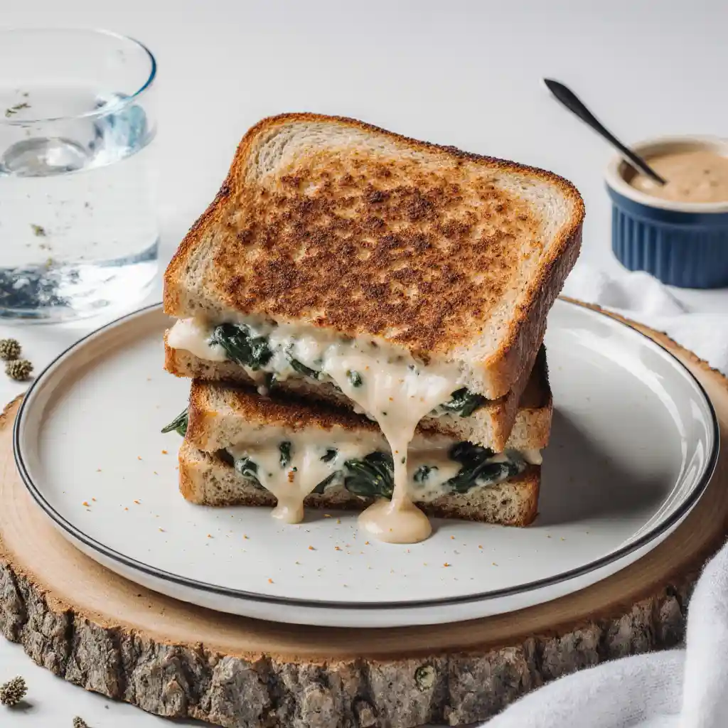 Spinach and feta grilled cheese sandwich sliced on white marble