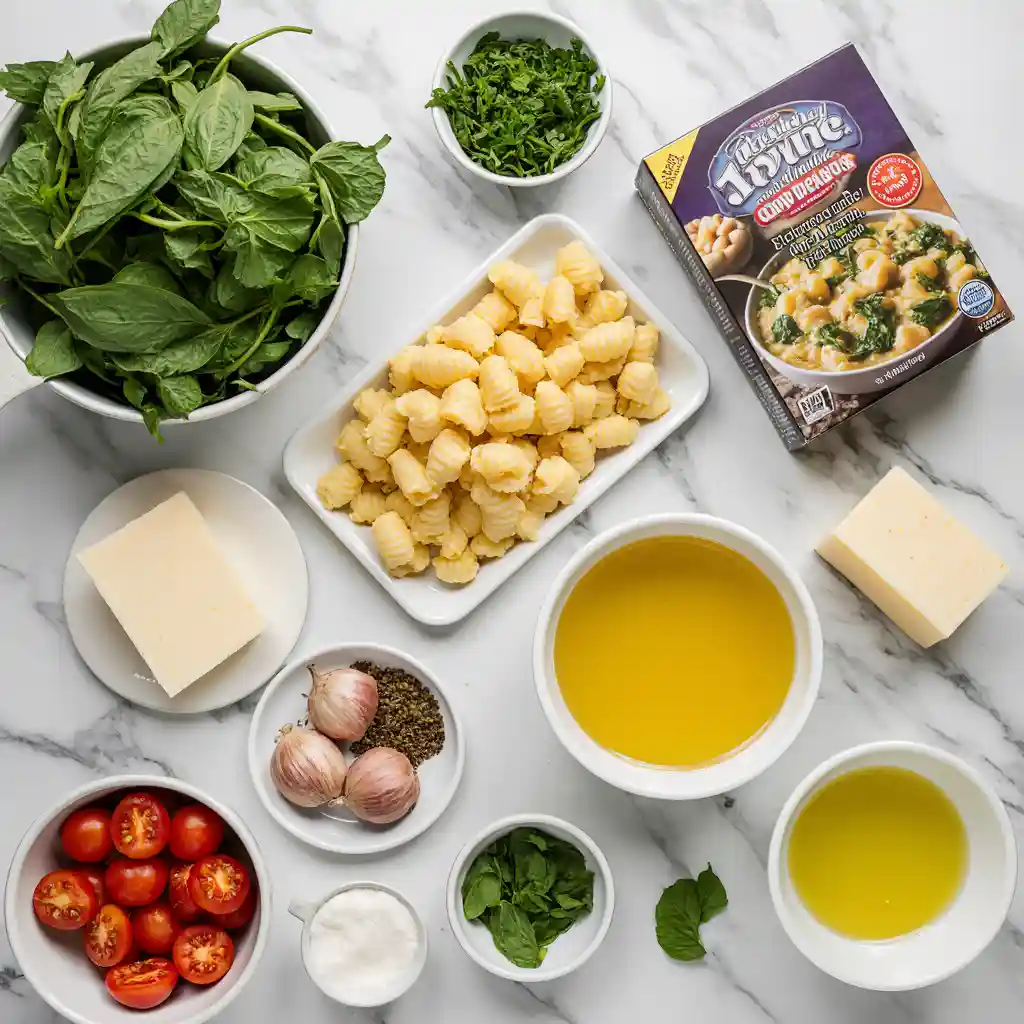 Ingredients for spinach tortellini soup laid out on white marble surface