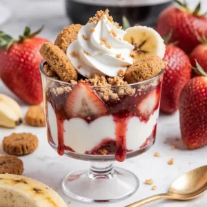 Strawberry banana pudding layered in a trifle dish topped with fresh fruit