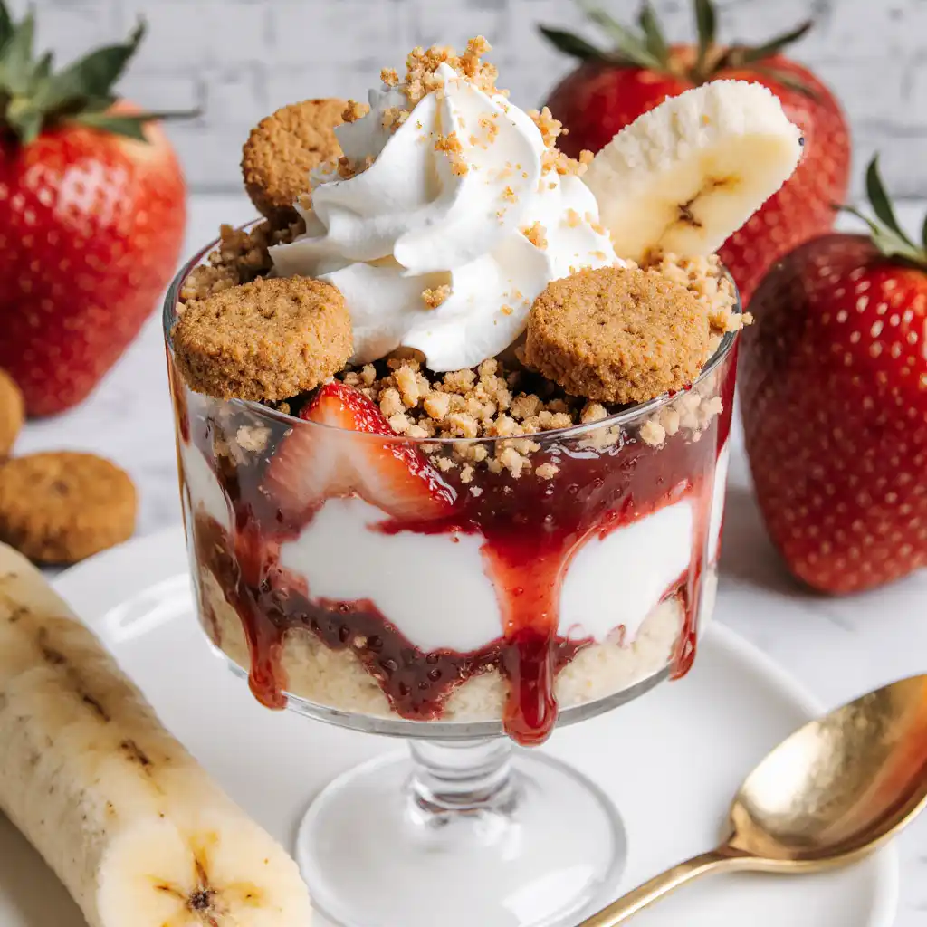 Layered strawberry banana pudding in a glass with whipped cream and crushed cookie topping