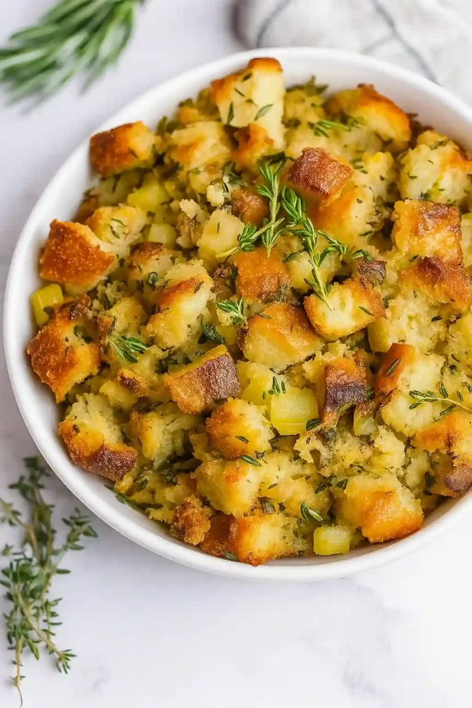Thanksgiving stuffing in white casserole dish