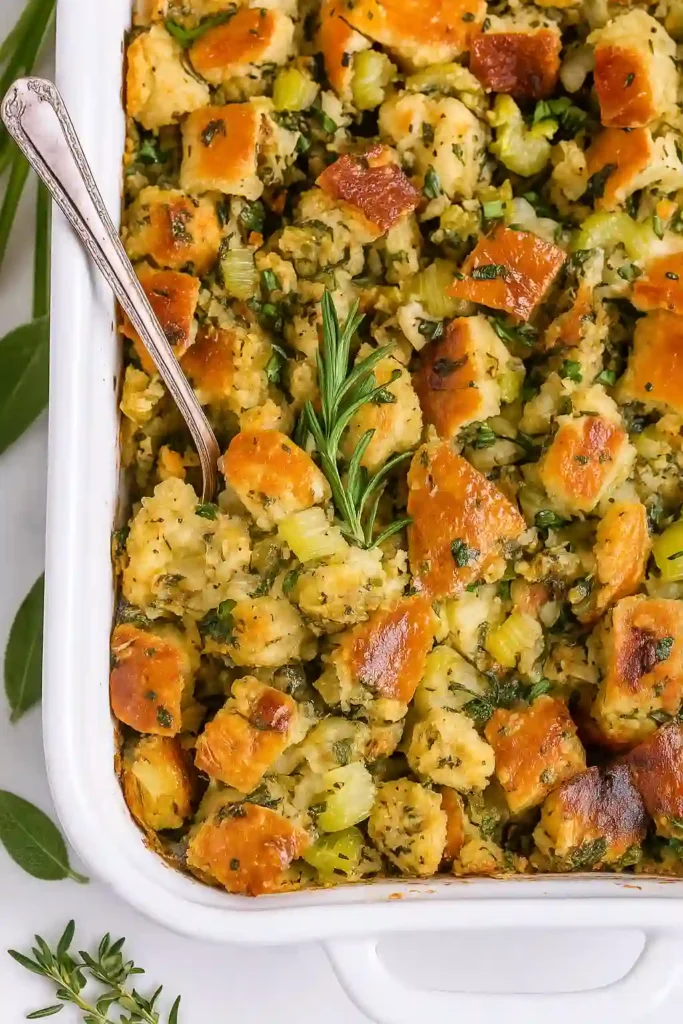 Thanksgiving stuffing in white casserole dish