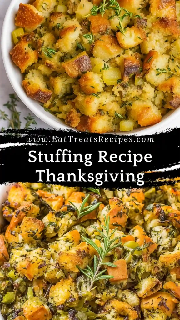 Thanksgiving stuffing in white casserole dish