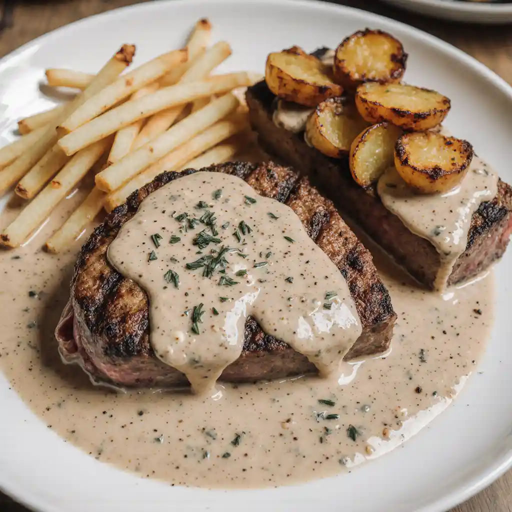 Perfectly seared steak with creamy garlic sauce
