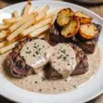 Tender steak with creamy garlic sauce