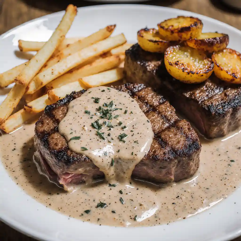 Tender steak with creamy garlic sauce
