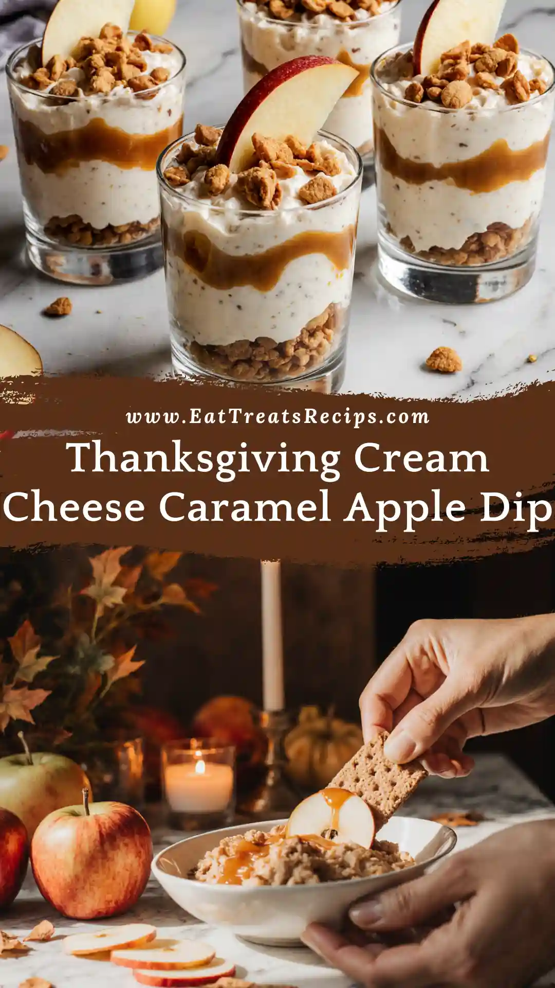 Bowl of Thanksgiving cream cheese caramel apple dip with toffee bits and apple slices