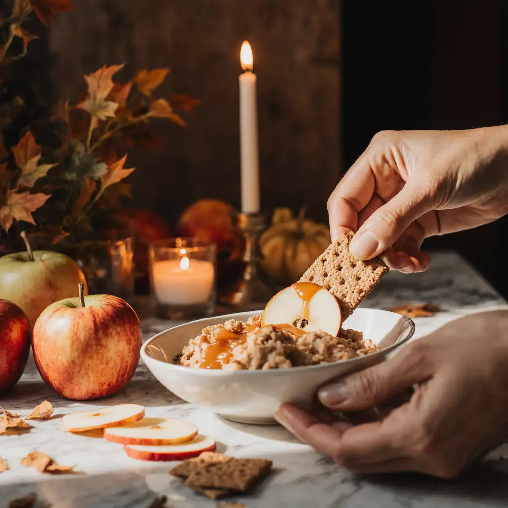 Holiday dessert table with caramel apple dip and sliced fruit