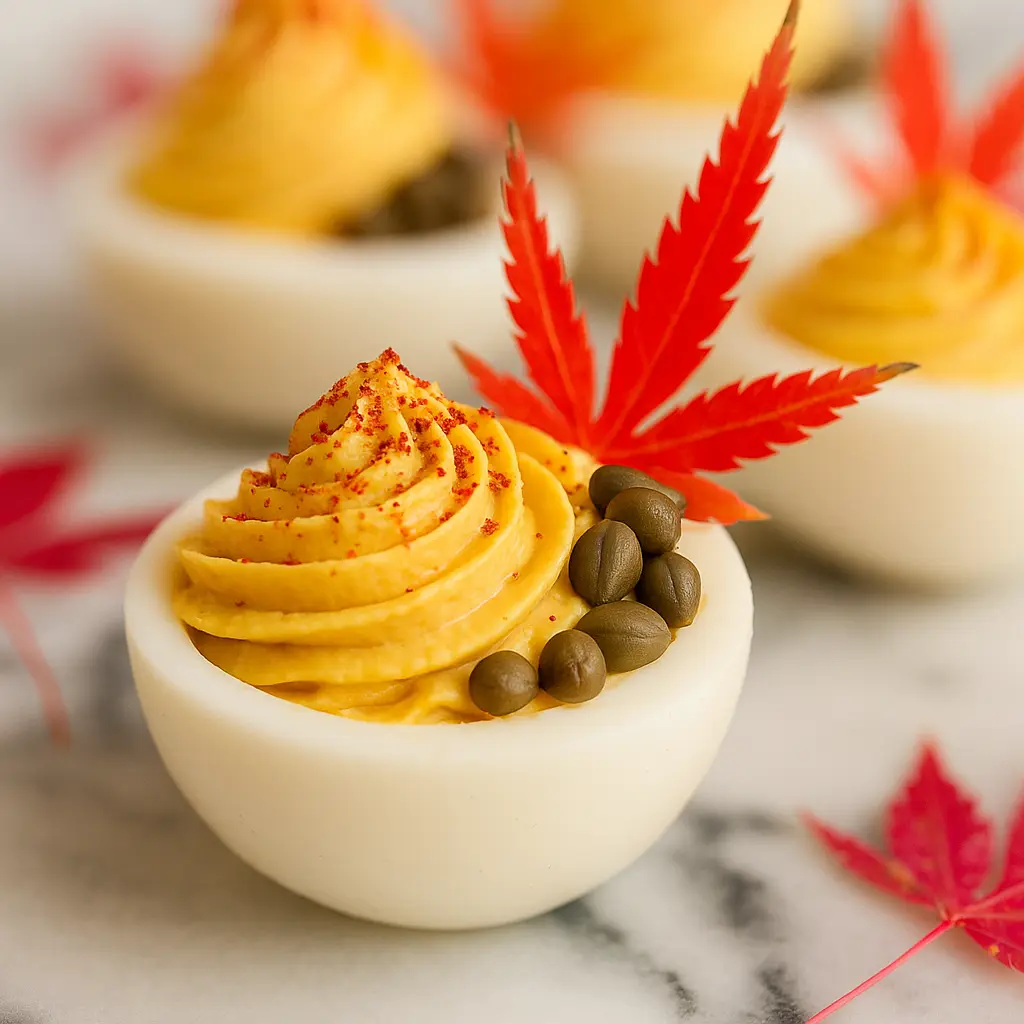 Hero shot of Delightful Thanksgiving Deviled Eggs on white marble