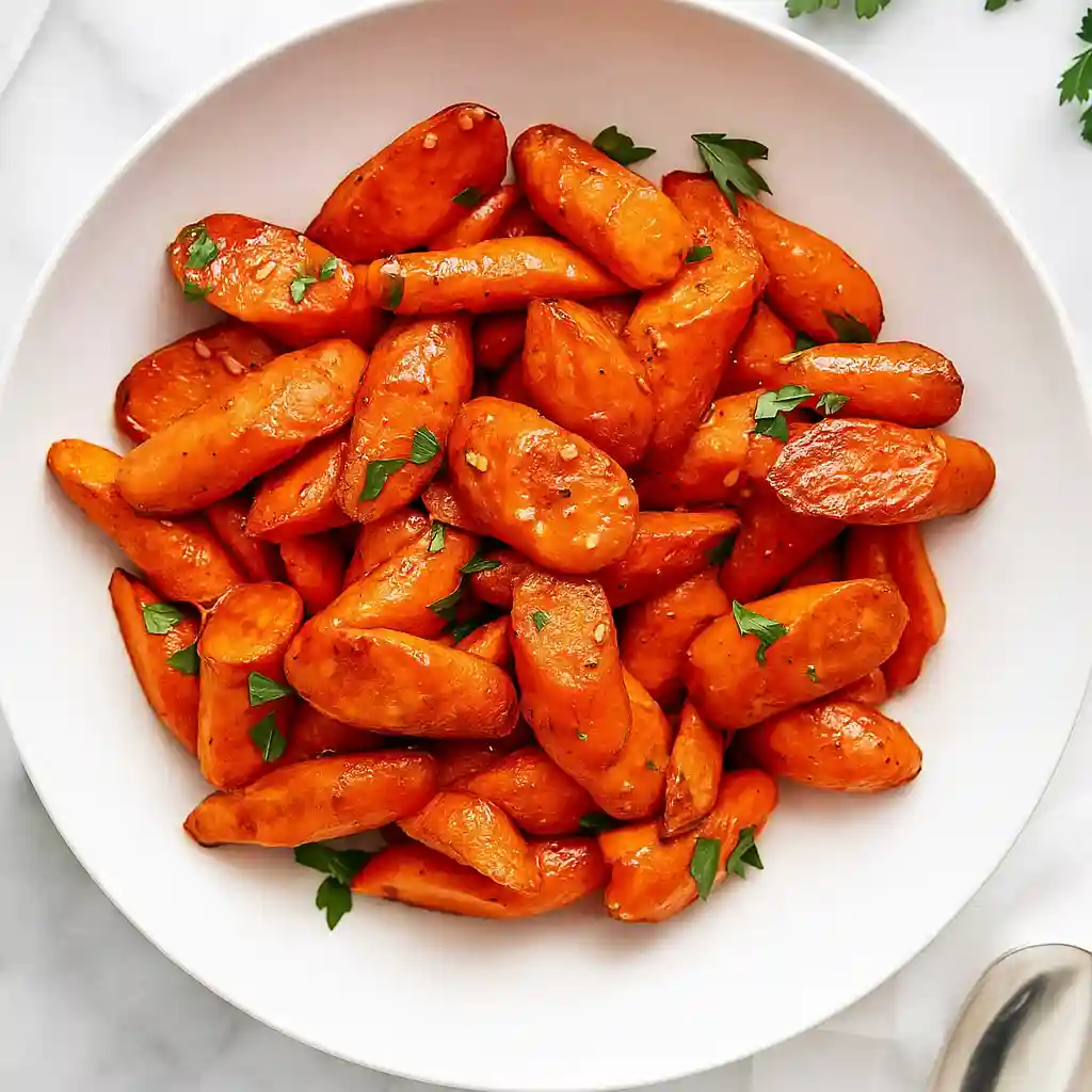 Hero shot of Thanksgiving Glazed Carrots on white marble