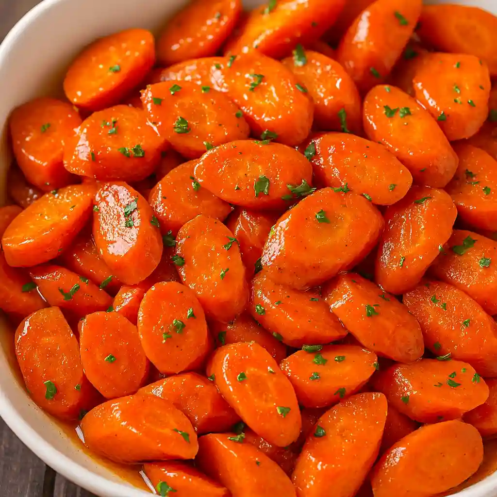 Hero shot of Thanksgiving Glazed Carrots on white marble