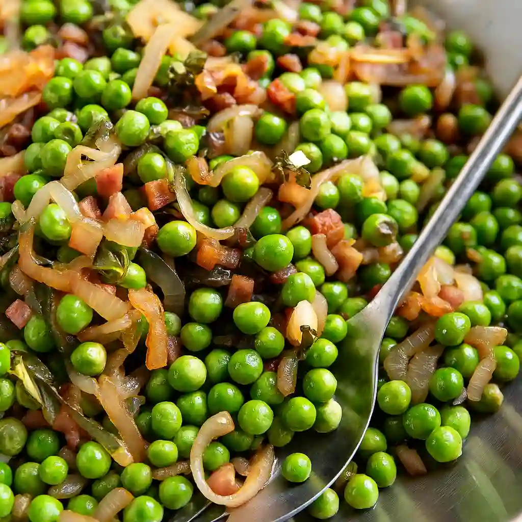 Thanksgiving Peas with Pear and Pancetta on white marble