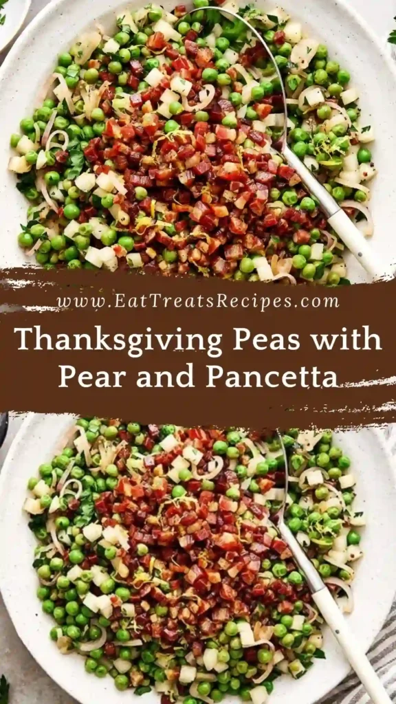 Thanksgiving Peas with Pear and Pancetta on white marble