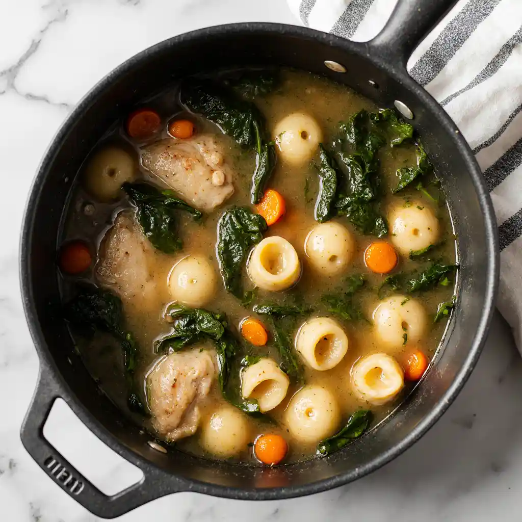 Pot of chicken tortellini soup simmering with spinach and pasta