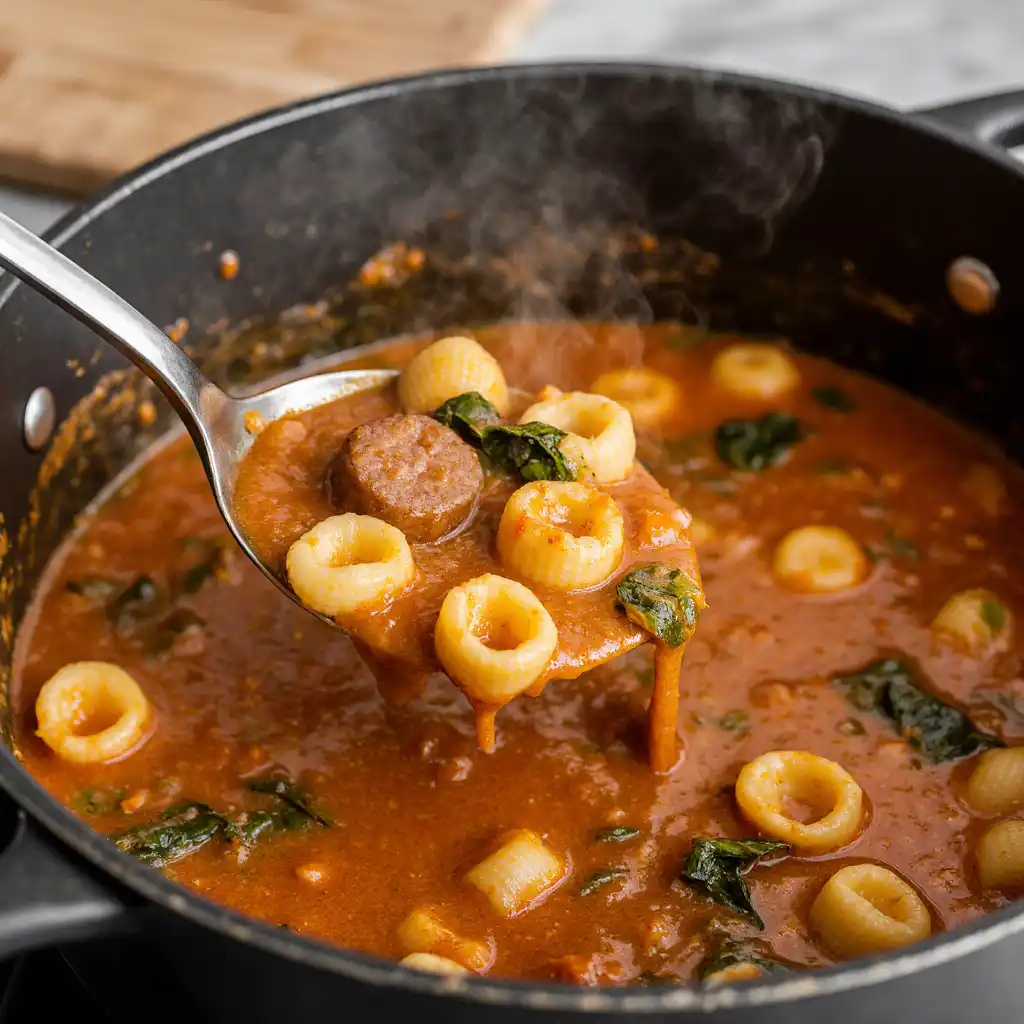 Pot of tortellini soup simmering with sausage and spinach