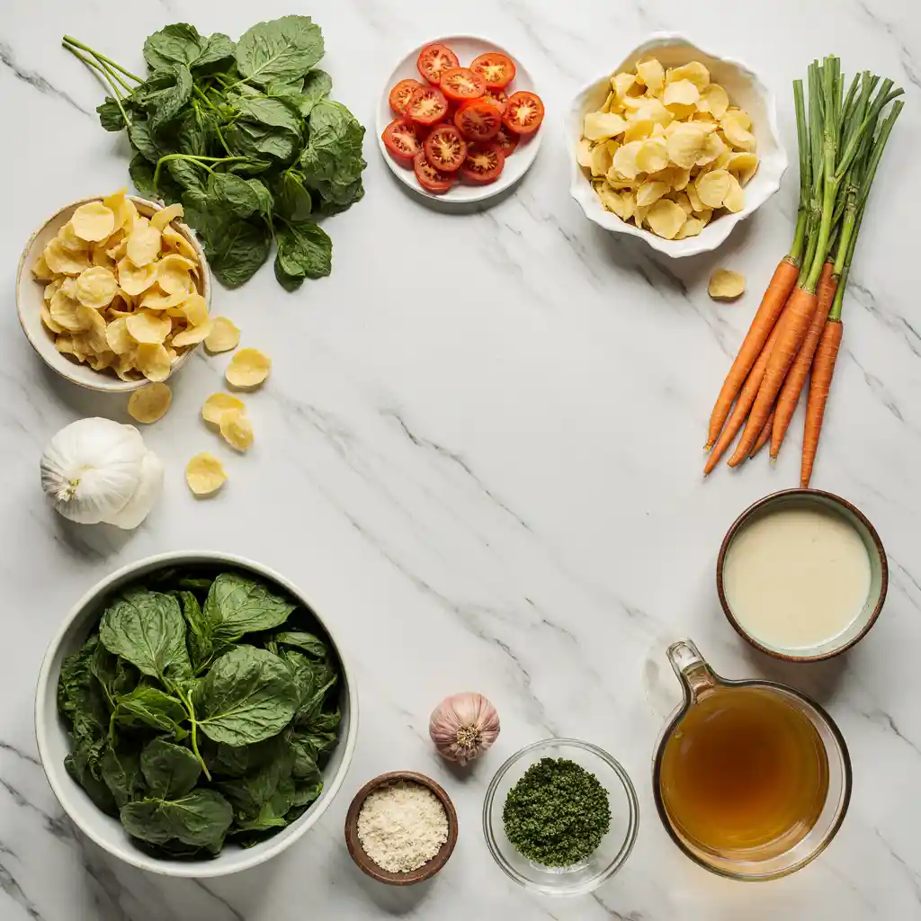Ingredients for vegetable tortellini soup arranged on white marble