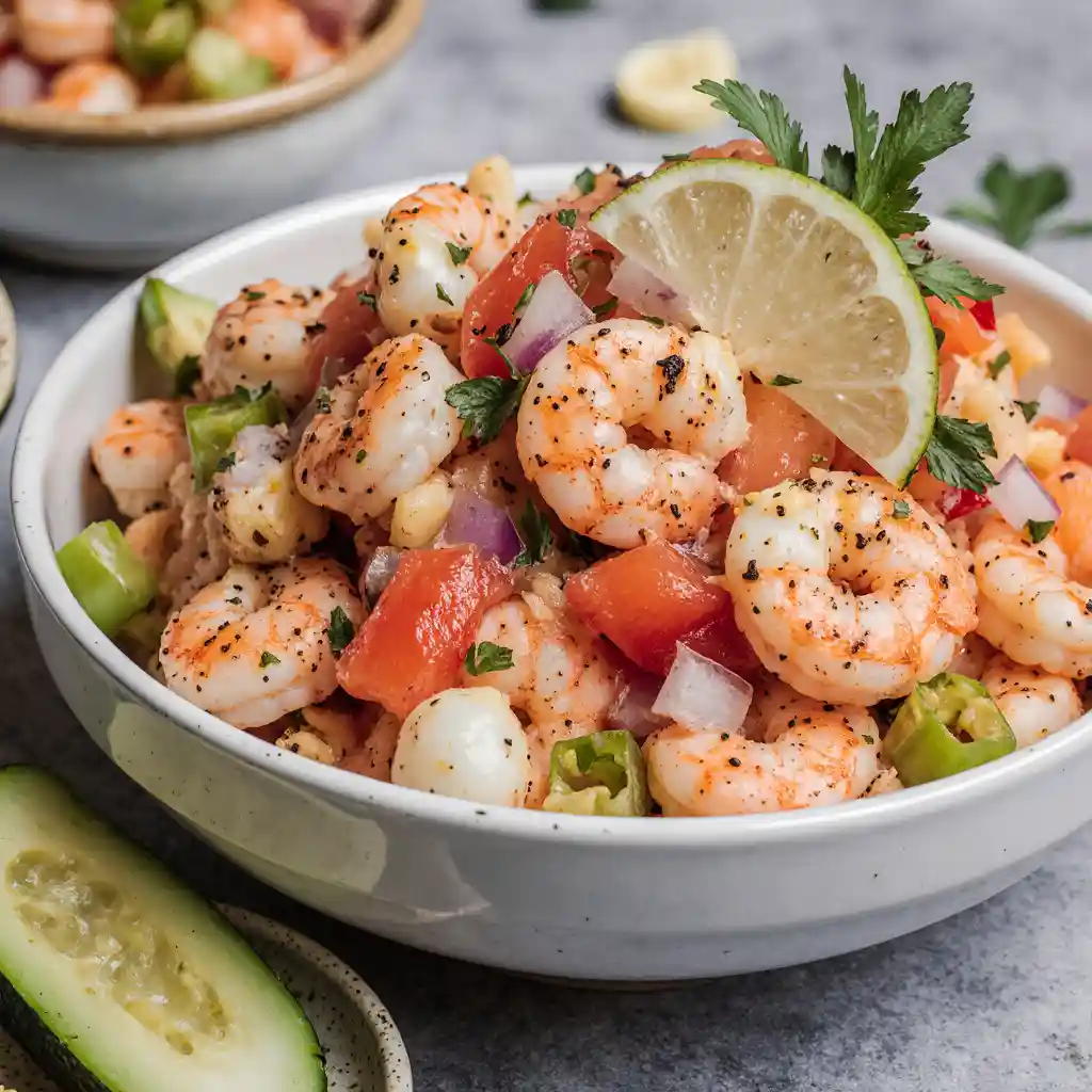 Zesty Lime Shrimp and Avocado Salad on white marble