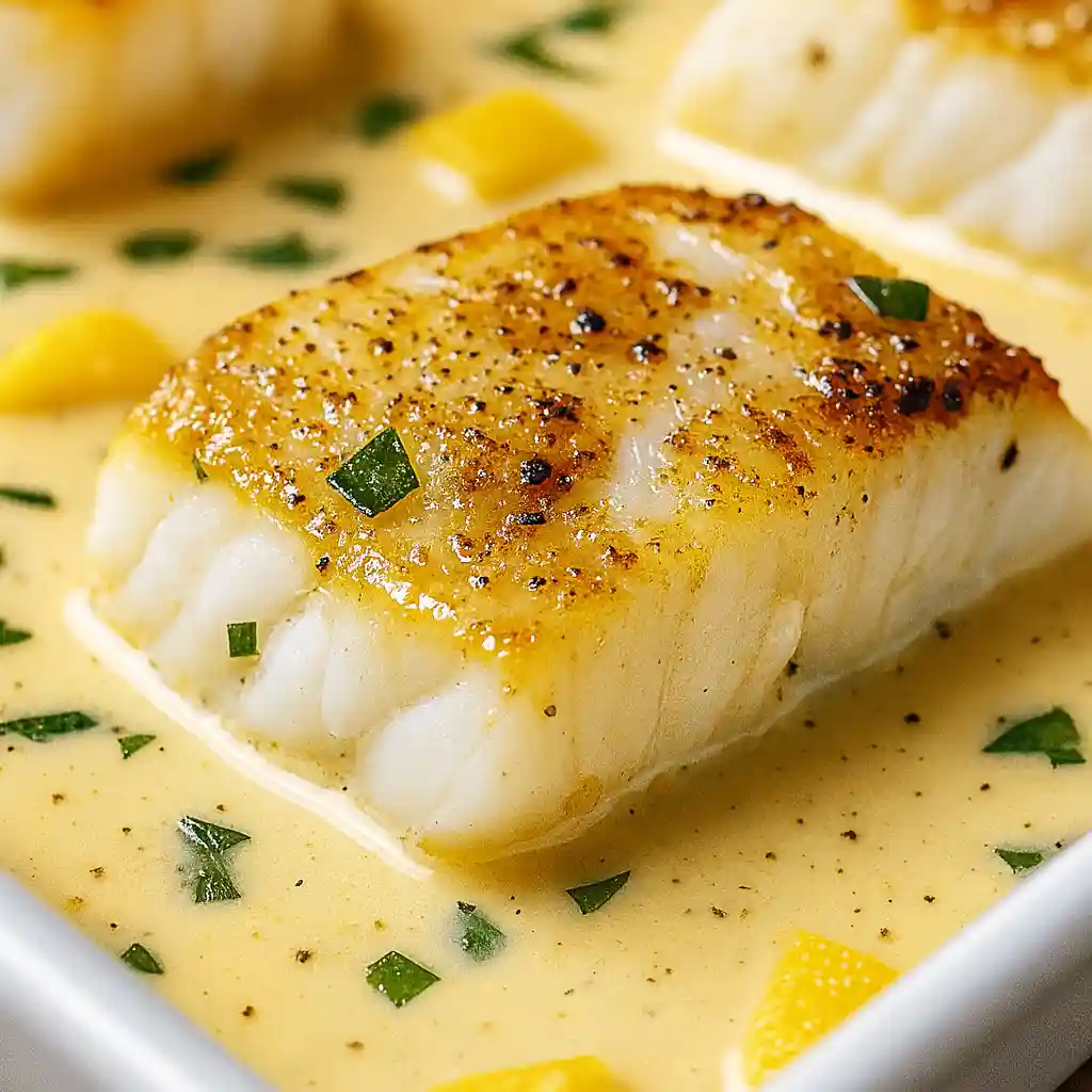 Baked cod in coconut lemon cream sauce in a white baking dish