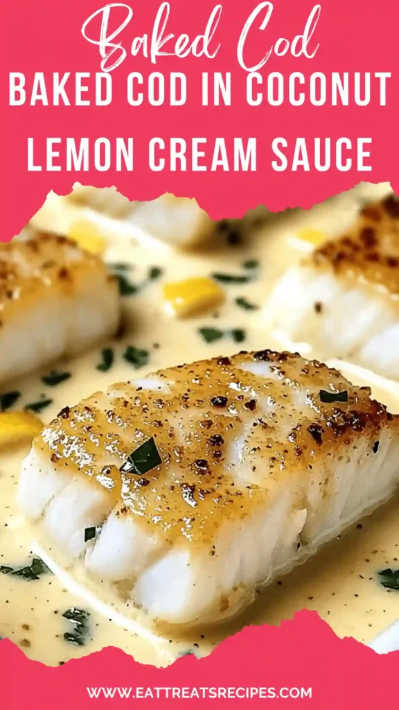 Baked cod in coconut lemon cream sauce in a white baking dish